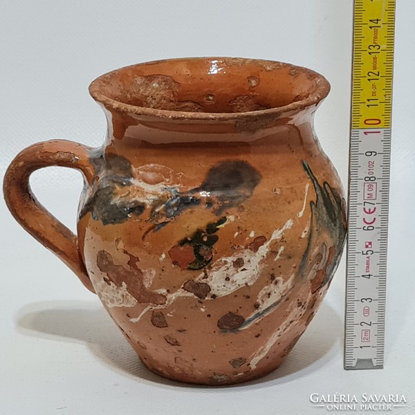 Folk ceramic mug with blue, white, green glaze, light brown glaze (2956)