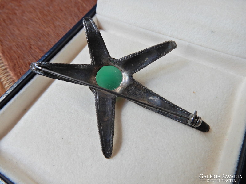 Old special large silver starfish brooch with chrysoprase stone