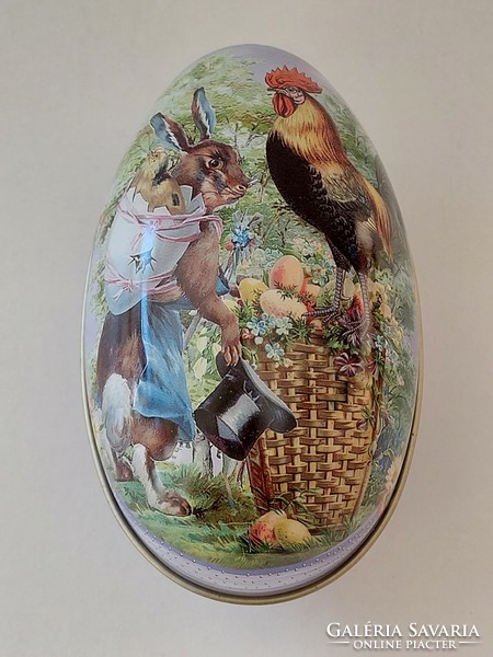 Fémdoboz húsvéti tojás alakú doboz nyuszi kakas minta