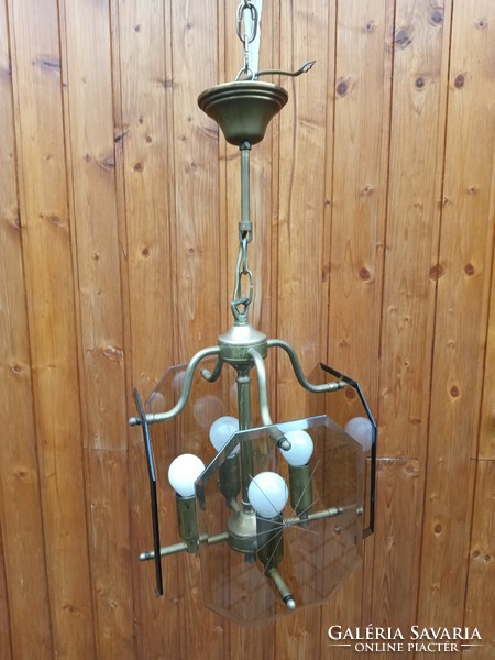 Vintage réz csiszolt üveg mennyezeti lámpa.