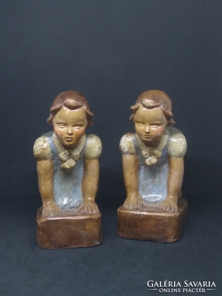 Art deco bookend signed stoneware ceramic - leaning girls