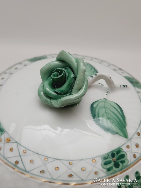 Herend green appony pattern large bonbonnier with rose holder, 12 cm