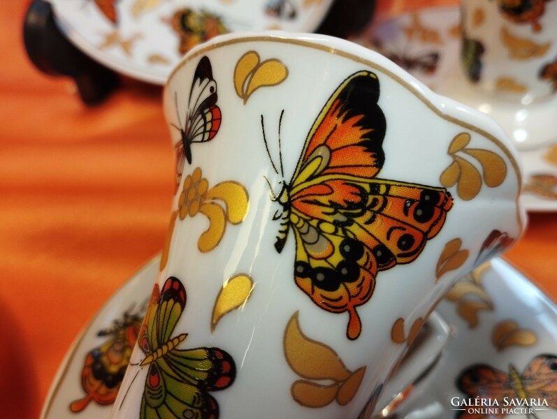 Beautiful butterfly porcelain coffee cup with bottom, 4 pairs + 2 bottoms