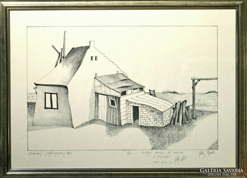 Ágoston Dékány: farmhouse (lithography) 1980s - husband of Márta Lacza