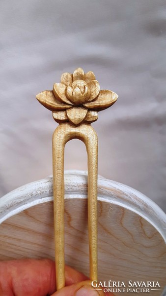 Carved wooden, natural maple wood hairpin with a lotus flower pattern, hair ornament