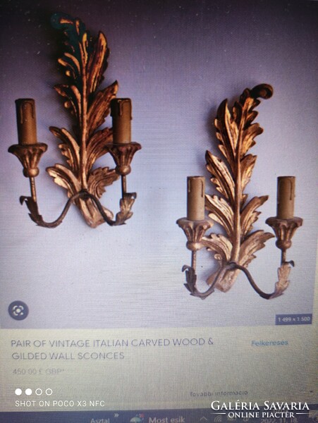 Art deco vintage Italian carved gilded wooden wall arm wall lamp in a pair