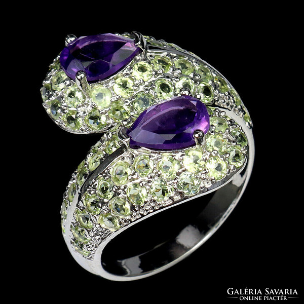 925 Silver ring with real amethyst and peridot gemstones