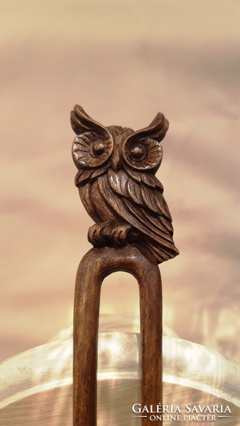 Wood carved owl pattern hairpin