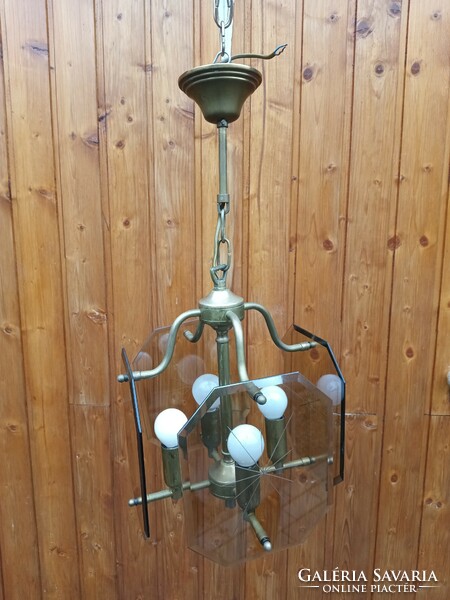 Vintage réz csiszolt üveg mennyezeti lámpa.