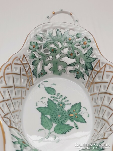 Herend green appony pattern openwork basket, 19.3 x 10 x 5 cm