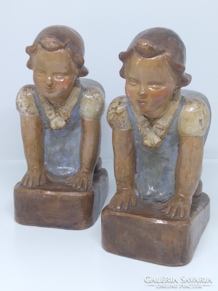Art deco bookend signed stoneware ceramic - leaning girls