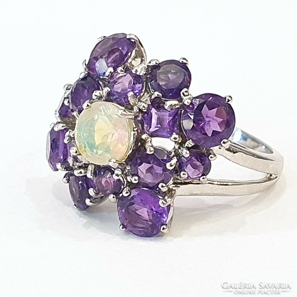 925 Silver ring with real opal and amethyst gemstones