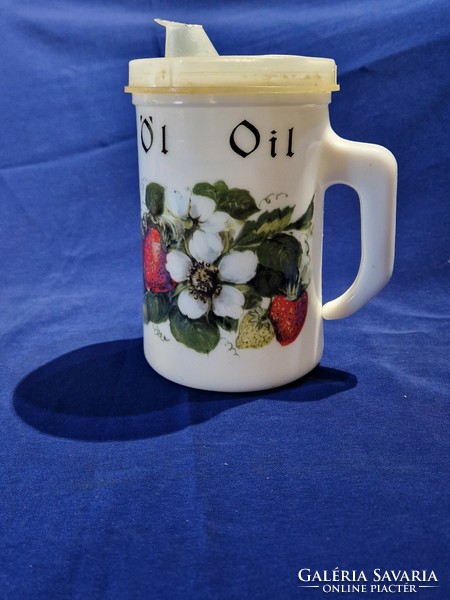 Oil and vinegar storage and pouring vessel made of white Jena glass, with strawberry and strawberry flower patterns.