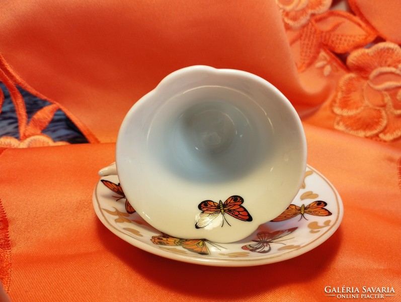 Gyönyörű pillangós porcelán kávés csésze aljjal, 4 pár+ 2 alj