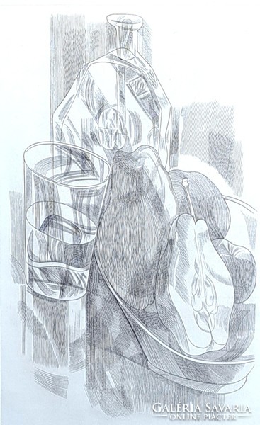 Csendélet körtével - Ortega jelzéssel (rézkarc ezüst kerettel) spanyol művész