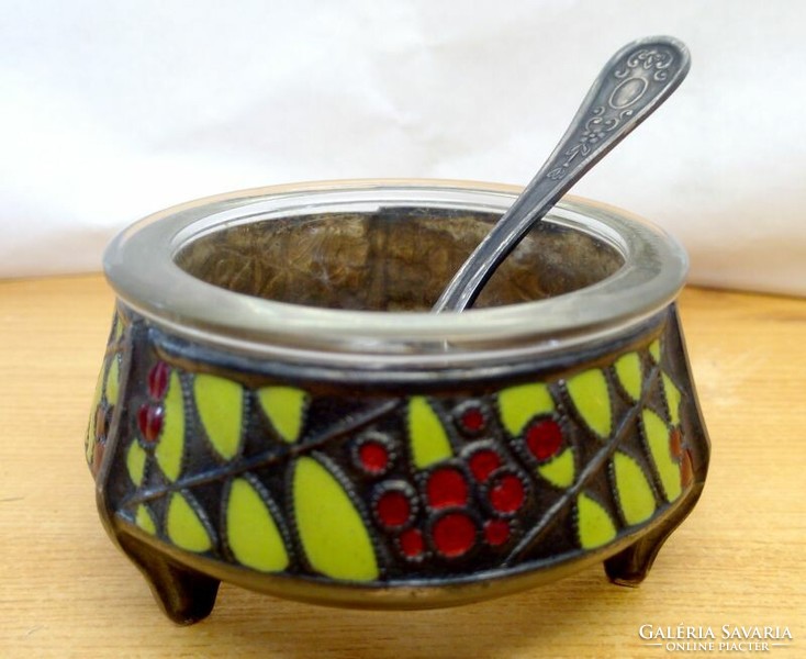 Antique caviar dish for gourmets. Glass enamelled glass with insert spoon, from Russia.