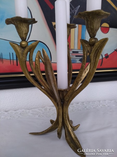 Solid brass, Art Nouveau floral candle holder from the 1950s