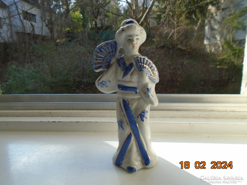 Retro Chinese blue and white porcelain lady with fans and gold stripes