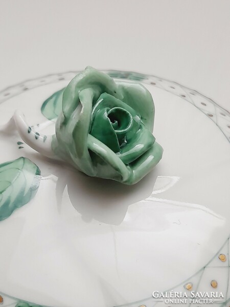 Herend green appony pattern large bonbonnier with rose holder, 12 cm