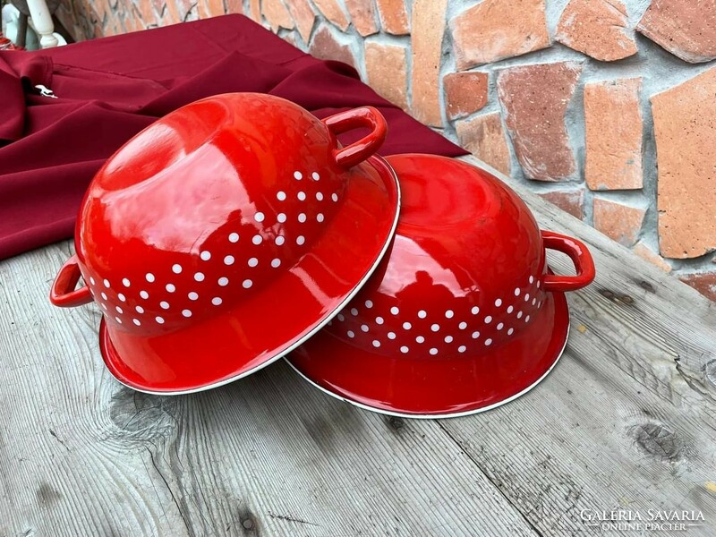Red polka dot enameled voile bowl kitchen equipment heirloom