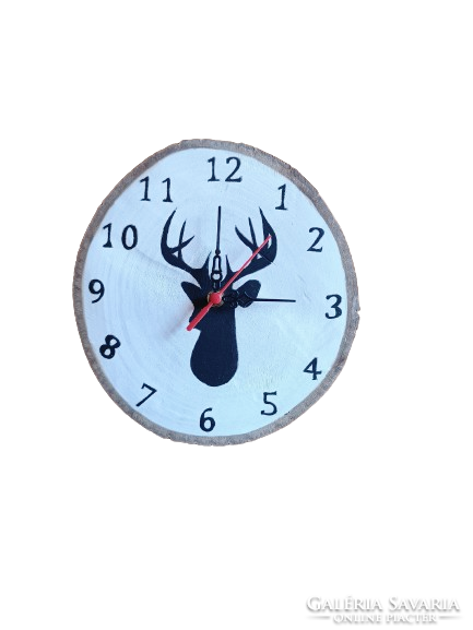 Walnut disc wall clock with deer silhouette