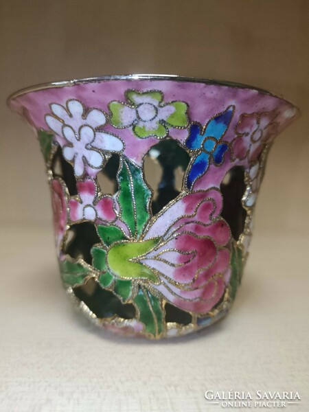 Richly decorated fire enamel and brass votive candle holder