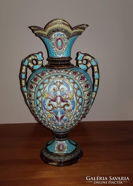 Pair of antique julius greiner & sohn 19th century historicizing majolica vases, not Zsolnay, but wonderful shape