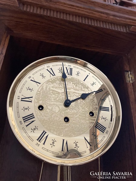 Hermle 3-tone carved oak wall clock