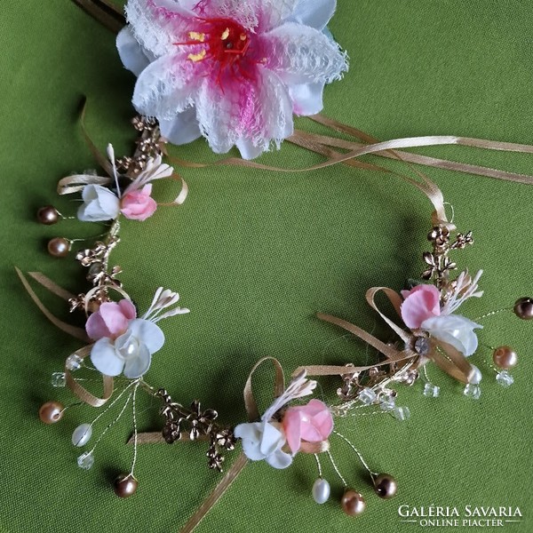 ESKÜVŐ HAD169 - Rózsaszín és fehér virágos gyöngyös menyasszonyi hajpánt, hajdíszt