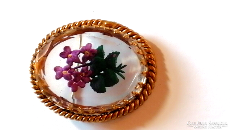 Vintage violet flower brooch painted on polished crystal glass, collector's rarity 626.