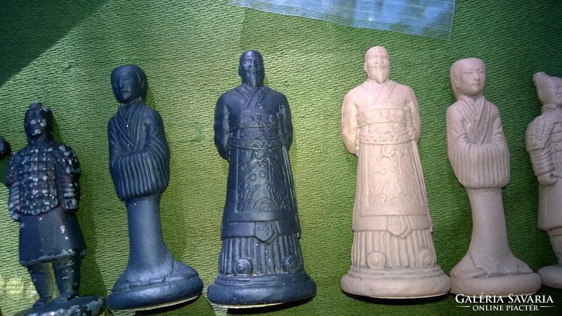 Chess-checkers-mill - metal figures modeled after Chinese clay soldiers, wooden box set, never used
