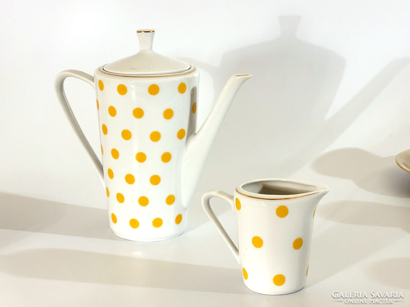1969-70. Alföldi porcelain yellow polka dot coffee set | Retro vintage tea set for 6 people