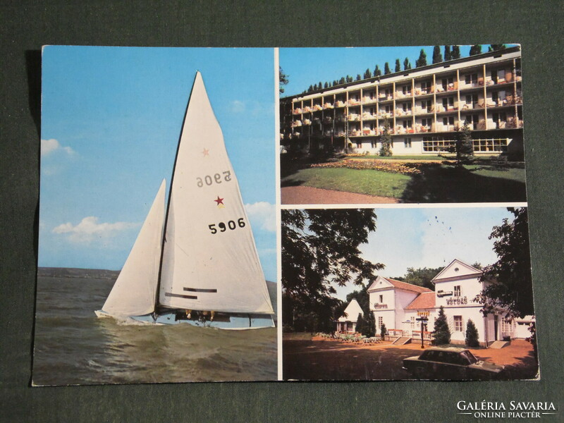 Postcard, pumpkin figure, mosaic details, pub, restaurant, resort, sailing ship