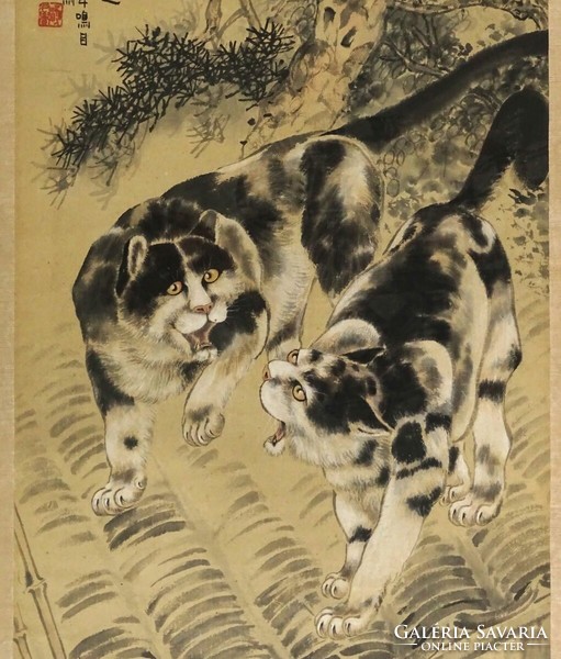 1Q524 XX. századi hatalmas japán művész : Macskák a háztetőn 126cm x 56cm