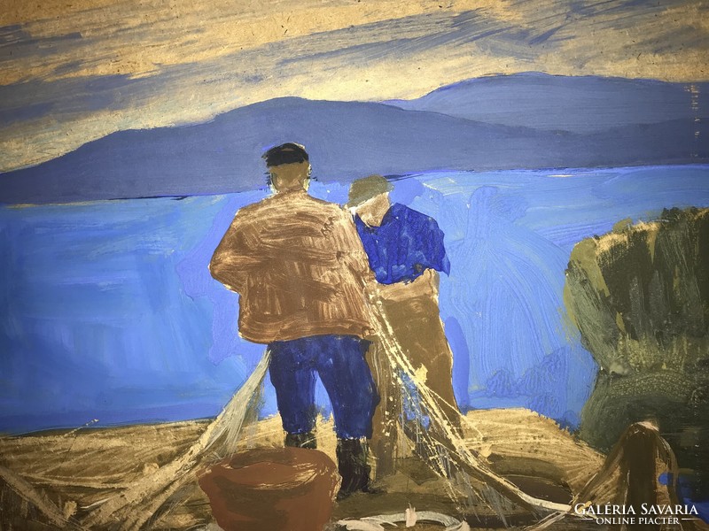 József Csáki-Maronyák: Balaton fishermen (net repair) oil, wood fiber