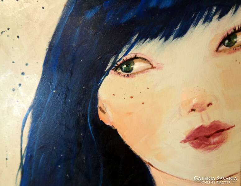 Kínai lány (Laczó Ágnes kortárs festő/grafikus művész) Eredeti Akril Festmény Faroston Portré