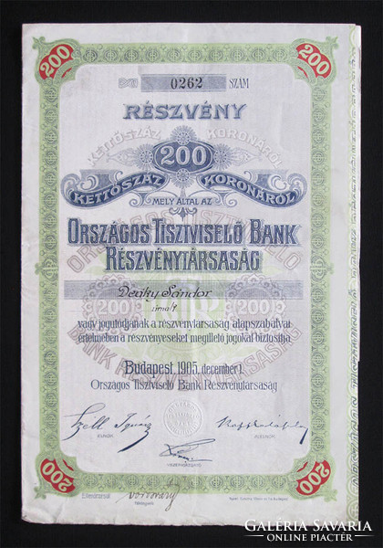 Országos Tisztviselő Bank részvény 200 korona 1905