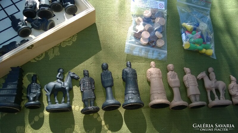 Chess-checkers-mill - metal figures modeled after Chinese clay soldiers, wooden box set, never used