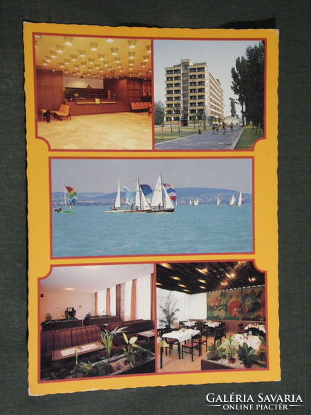 Postcard, boglárlelle, mosaic details, lelle hotel, Balaton skyline, sailing ship