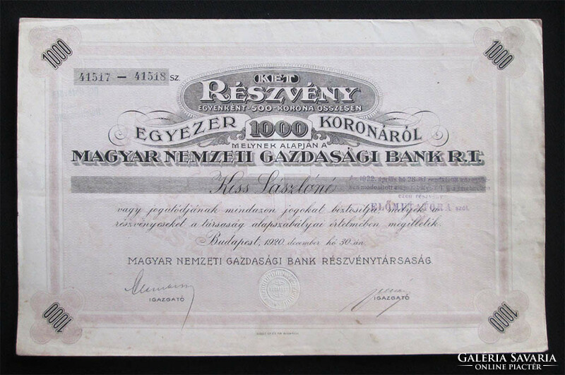 Magyar Nemzeti Gazdasági Bank részvény 2x500 korona 1920 - irredenta