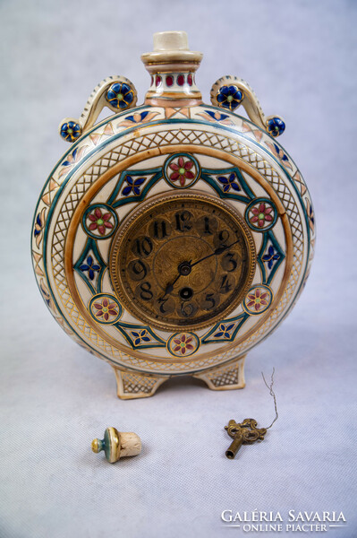 Zsolnay, Pécs, circa 1895 clock, water bottle