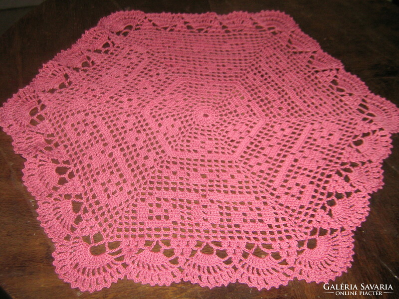 Charming pink hand-crocheted hexagonal lace tablecloth