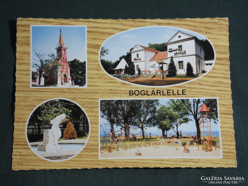 Postcard, pumpkin doll, mosaic details, church, pub, restaurant, beach playground