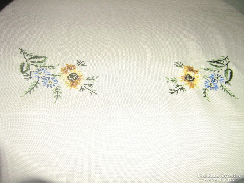 Beautiful vintage floral embroidered crochet edge woven tablecloth