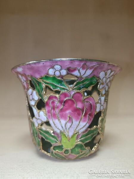 Richly decorated fire enamel and brass votive candle holder