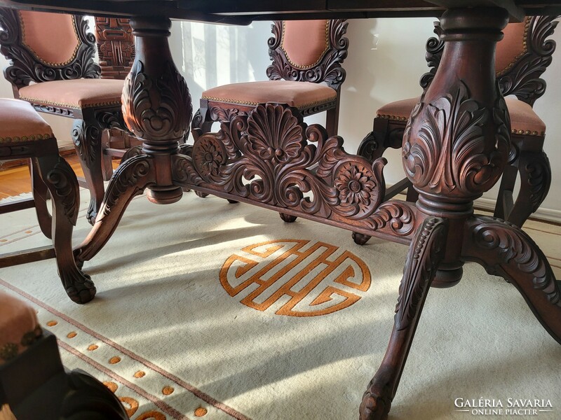 Bolivian carved wooden dining set, table + 6 chairs