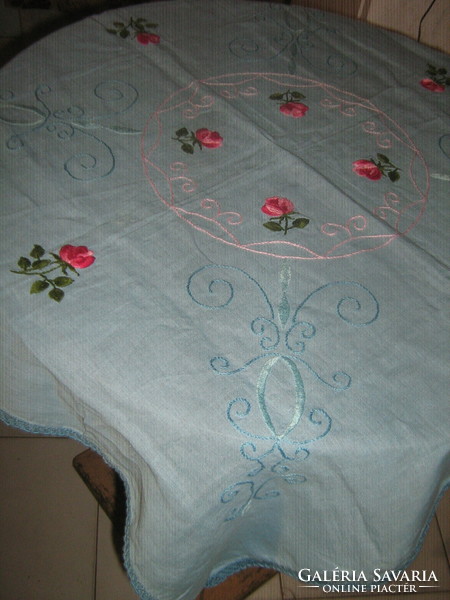 Beautiful vintage rose hand embroidered light blue filigree table cloth with lace edge