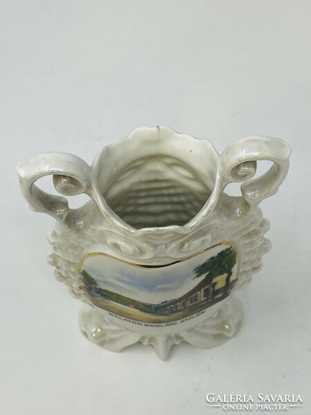 Antik "Balatonboglári emlék" porcelán váza irizáló gyönyház fényű mázzal  RZ