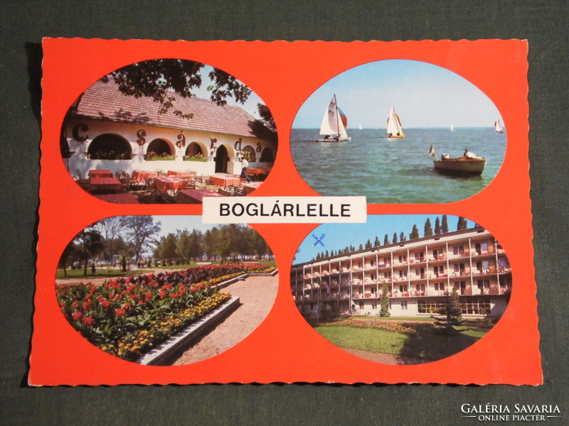 Postcard, boglárlelle, mosaic details, inn, restaurant, park, resort, view sailing ship