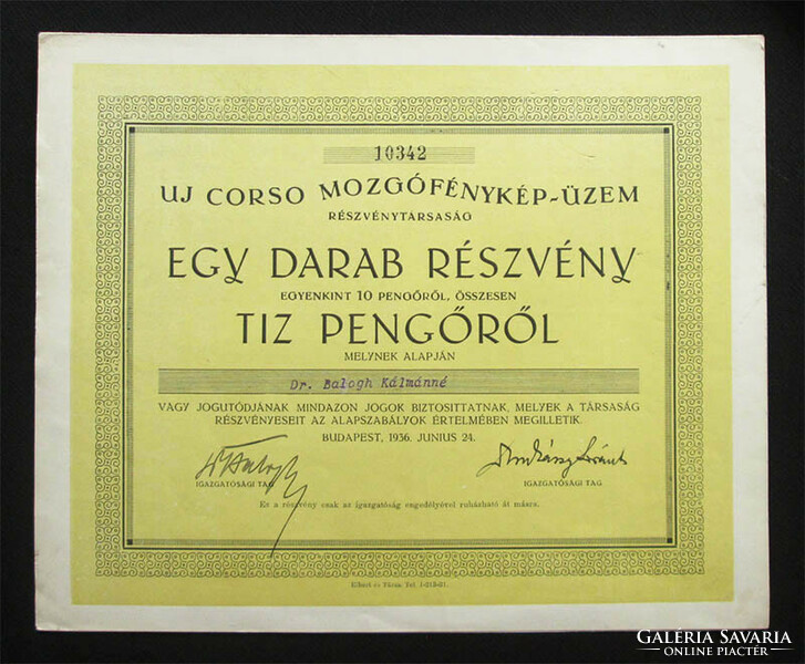 Uj Corso Mozgófénykép-Üzem részvény 10 pengő 1936 /ma Pesti Színház/